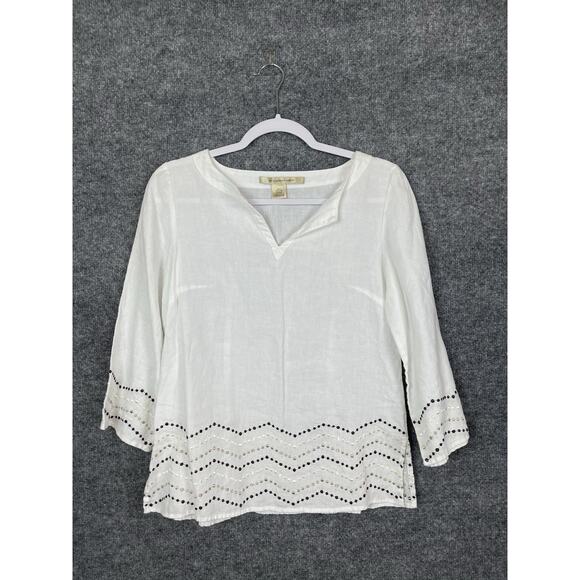 e-coi-o-gie Tops - e-coi-o-gie Linen Top Women's Sz Small White w Brown, Gold, and White Embroider